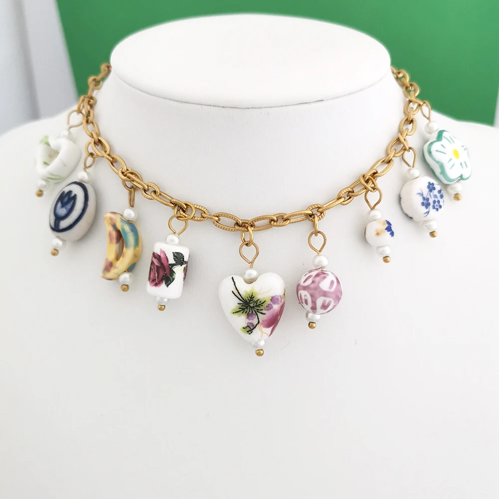 QMHJE Ceramics Pendant Charm Fish Heart Flower Moon Tulips Stainless Steel Geometric Imitation Pearl Blue Green Oval Wholesale