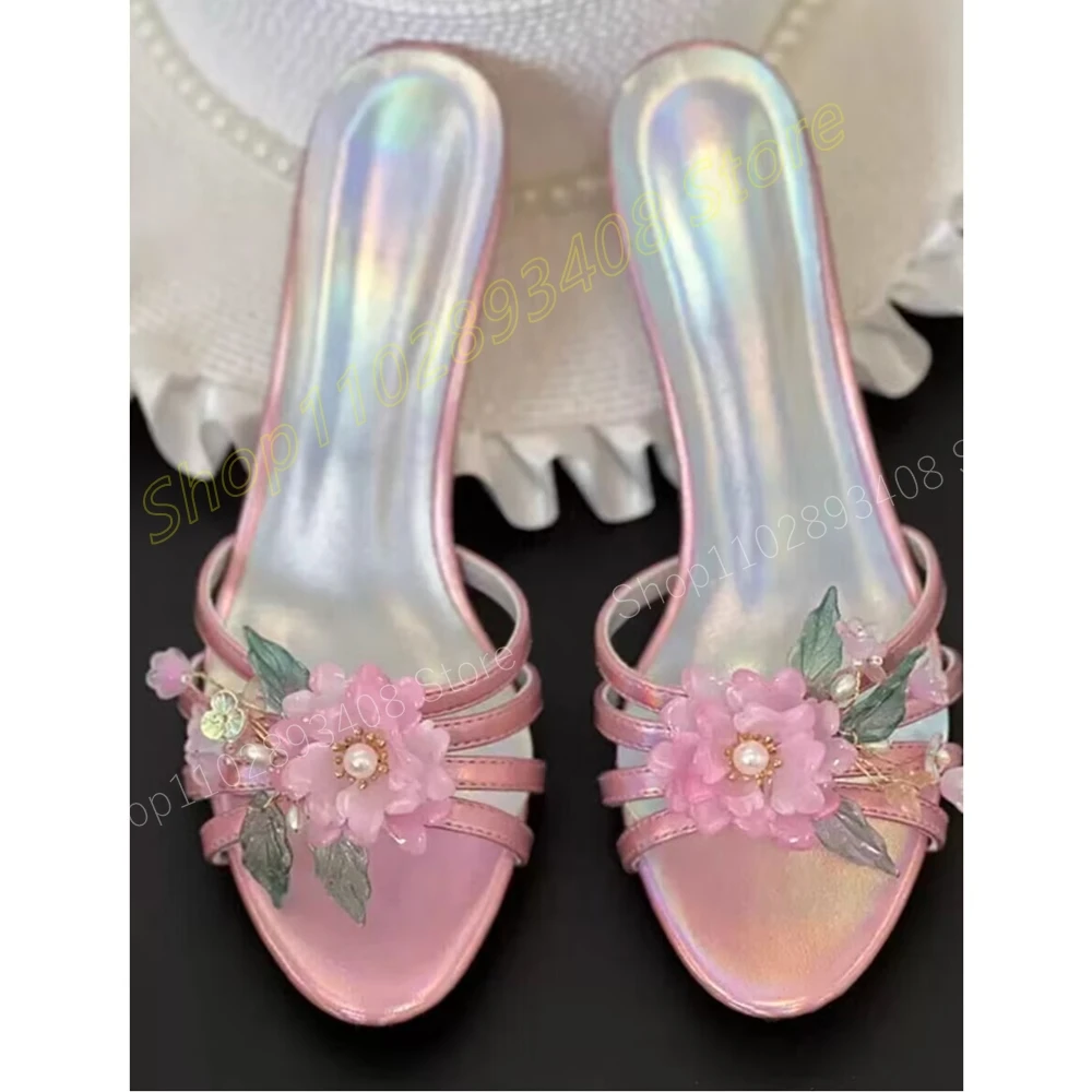 Pink Flower Decor Sweet Elegant Slippers Round Toe New Design Stiletto High Heel Party Fashion Women Shoes 2024 Para Mujere