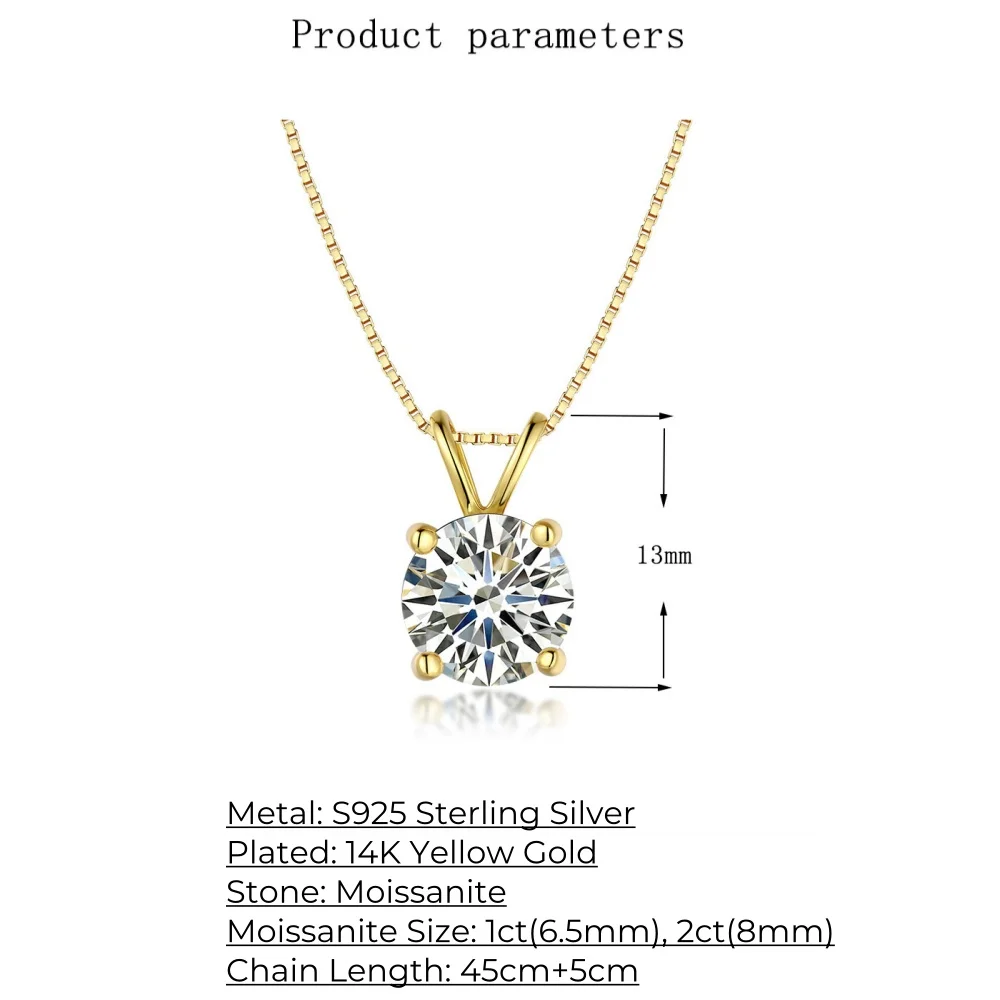 Classic 1ct Moissanite Solitaire Necklace, Durable Box Chain S925 Silver 14K Gold Plated, D Color VVS1 Lab Diamond Pendant, GRA