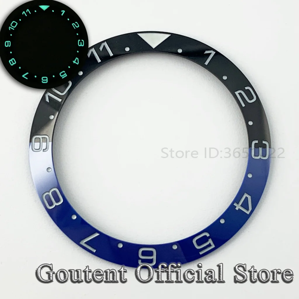 

Goutent 38mm Blue Black Bezel Insert 12H Dual-Time C3 Super Green Blue Luminous Ceramic Bezel Watch Parts