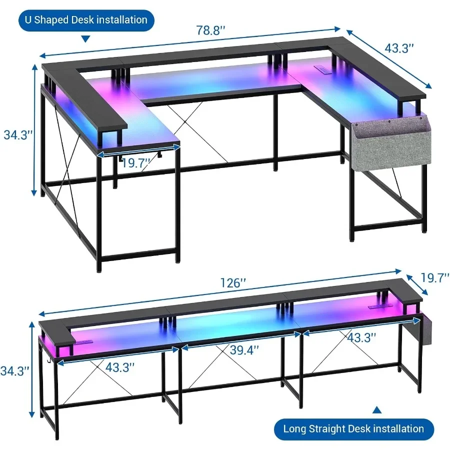 79 Inch u Shaped Desk with Power Outlets, LED Strip Monitor Stand, Large Corner Computer Desk with Monitor Stand with Storage S