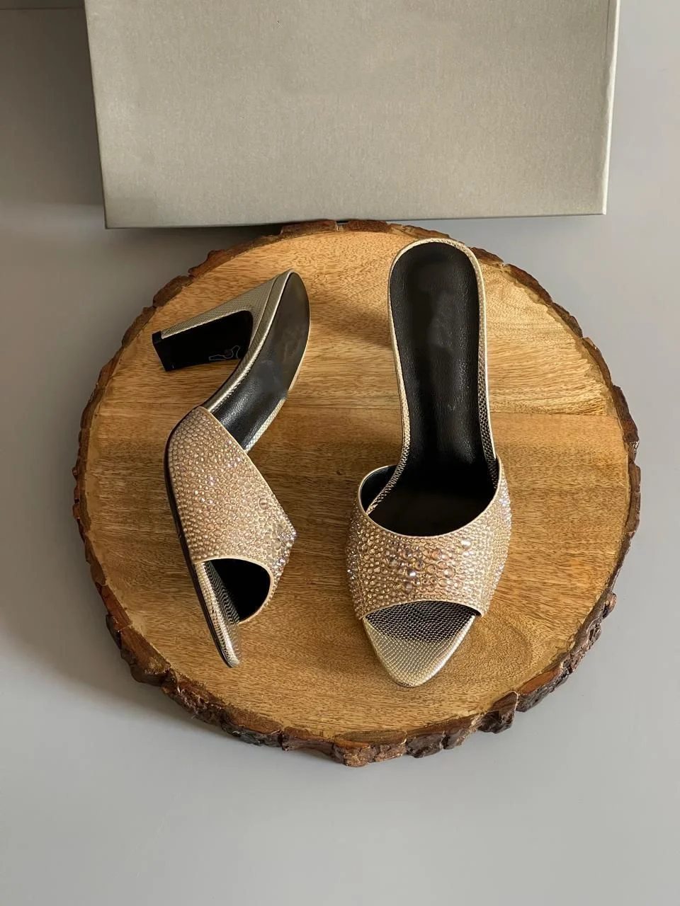 Bling Rhinestone Patchwork Pointed Toe Outdoor Summer Women Slippers Chunky High Heel Slip On Design Large Size Sexy Style Shoes