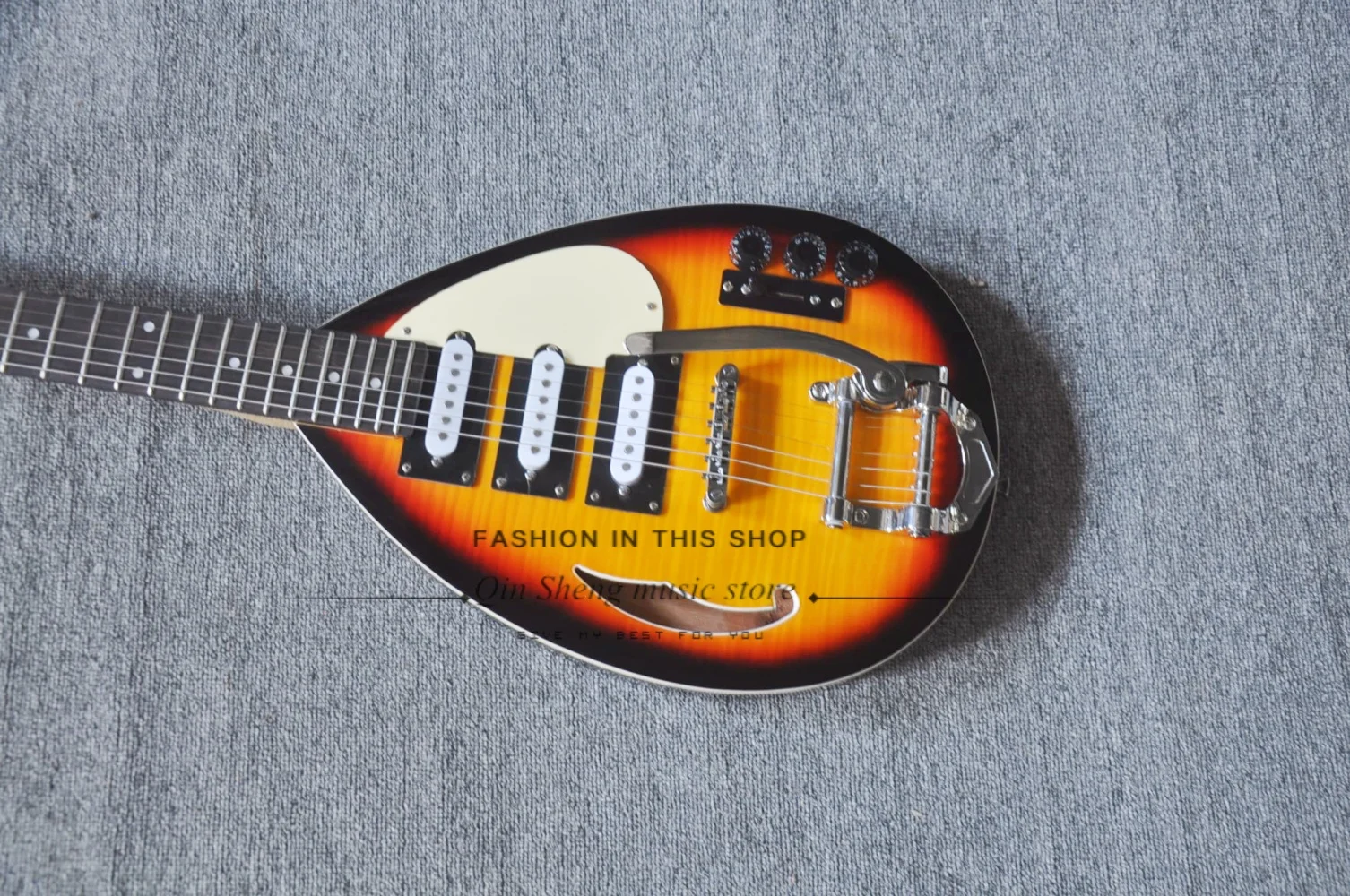 Sunset  guitar, semi-hollow body guitar, flamed maple top, solid wood body, maple neck, SSS pickups, customizable