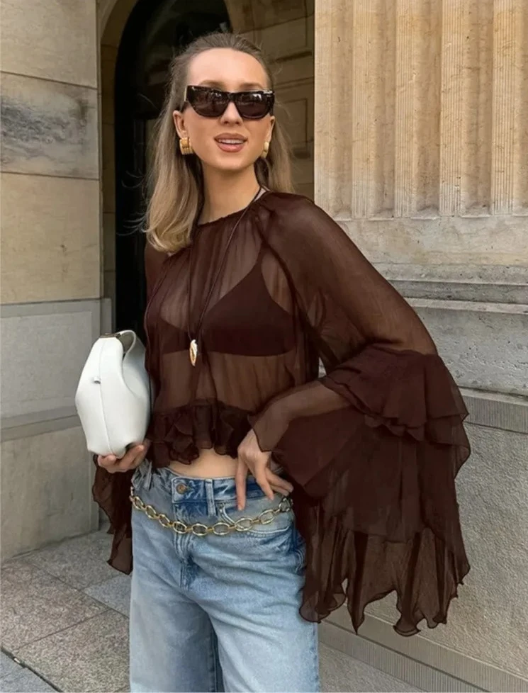 

Chiffon Loose Shirt For Women Sexy See-Through Ruffles Sleeve Blouse New Summer Chic Fashion Solid Casual Round Neck Shirts