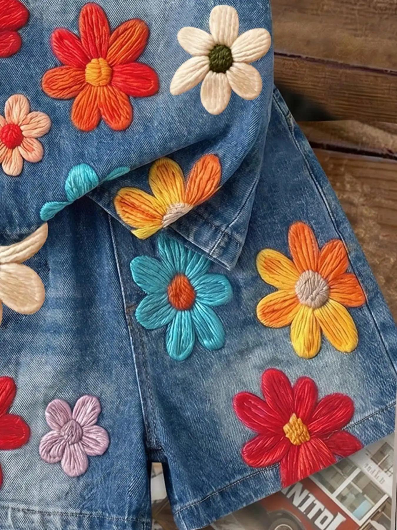 Freizeitoutfit für Mädchen, zweiteiliges Set aus kurzärmeligem Oberteil und Shorts im Denim-Optik-Stil, mehrere Farben, Blumendruck-Set geeignet für Mädchen über 3 Jahre, geeignet für Zuhause, Ausflüge, Reisen und Schulkleidung. – Detail 3