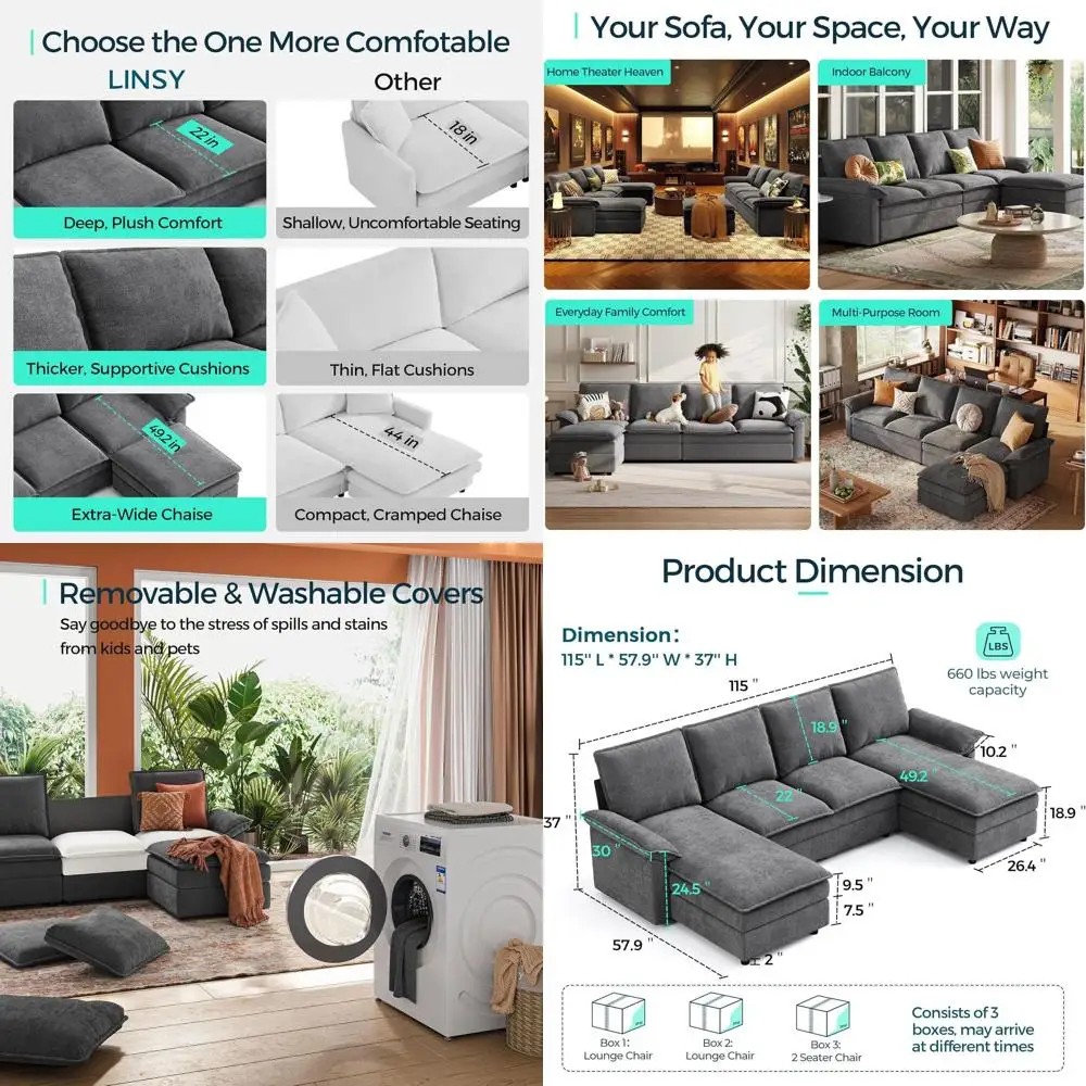 

Elegant 115 Sectional Sofa with Double Chaise Lounge, Chenille 4-Seat Living Room Set in Grey