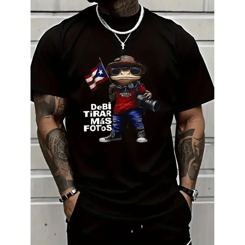 1pc Men'S 100% Cotton Puerto Rico Flag Tree Frog Pattern T-Shirt-