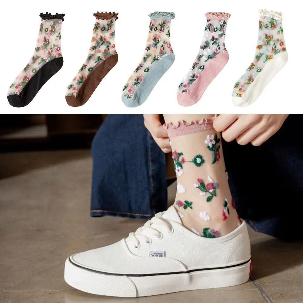 

Ultra-thin Crystal Silk Socks Vintage Breathable Transparent Lace Socks Floral Embroidery Ruffle Socks Women