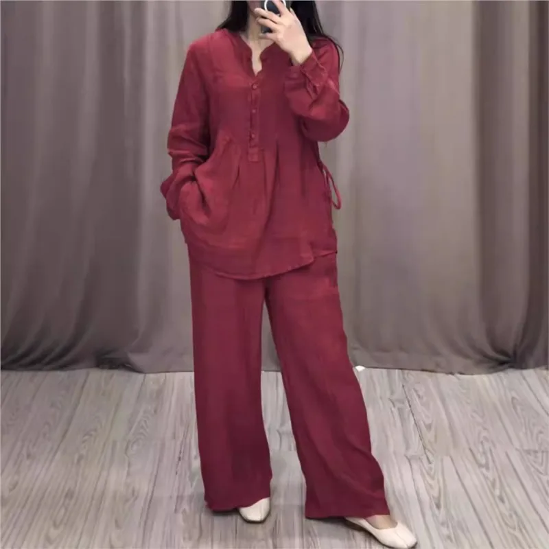 Women\'s Spring Fall 2 Piece Set Fashion Office Lady Cotton Linen Long-sleeve Casual Pleated Wide-leg Pants Suit Women Clothing