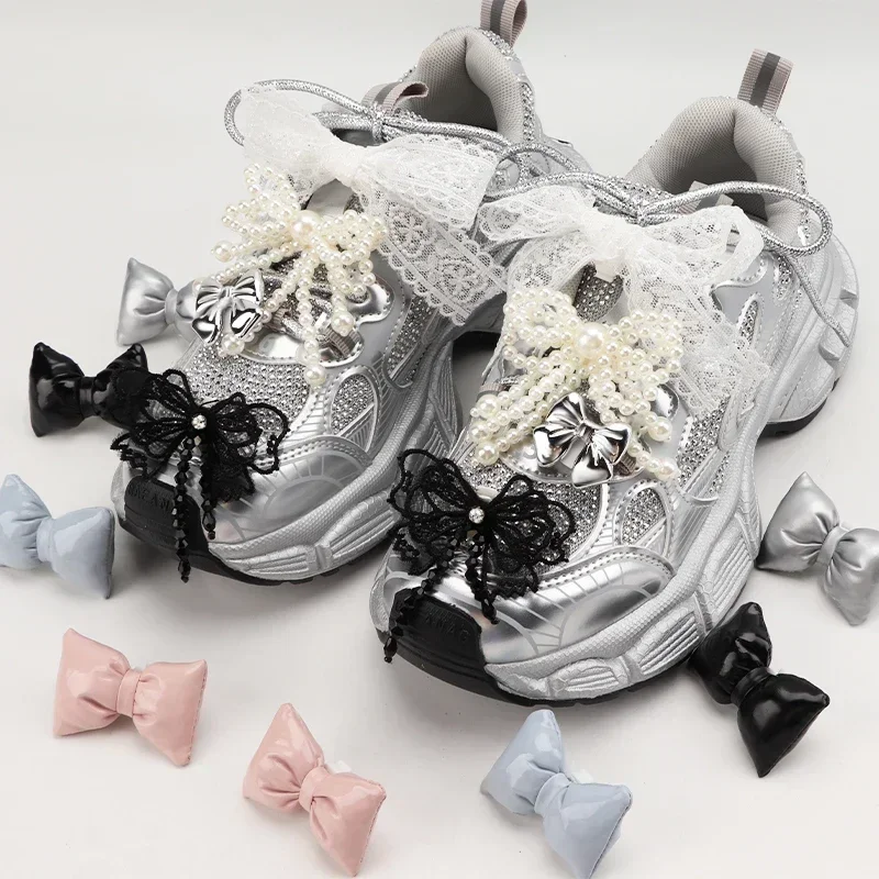 1Pair Fashion Shoes Charms Bowtie Flower Lace Shoelaces Buckle Pearl Rhinestone Shoelace Decoration Shoe Accessoriess for Woman