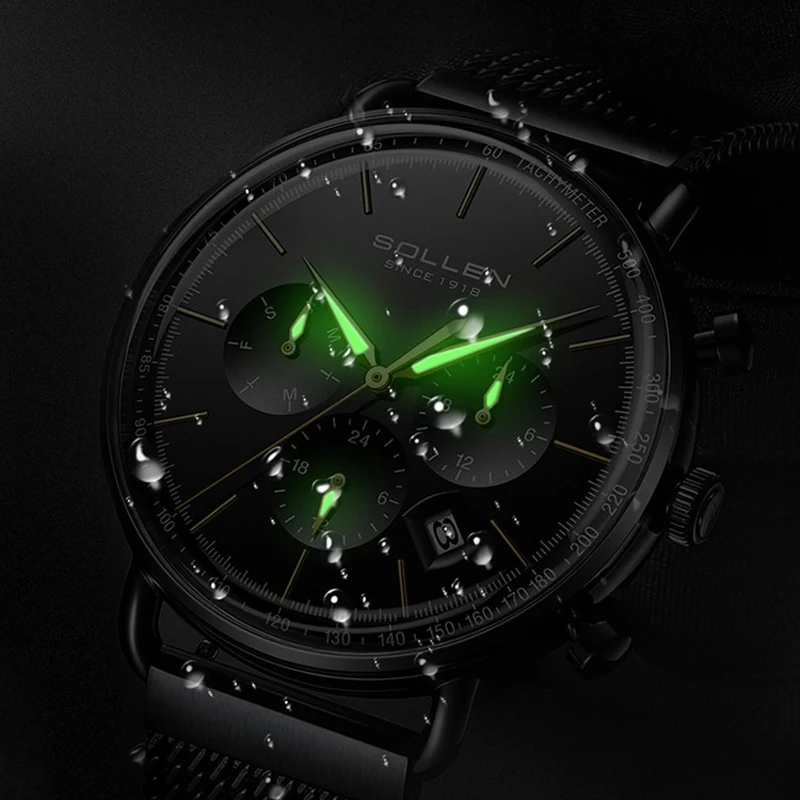 SOLLEN 2023 New Quartz Men Watch Fashion Slim Dial Stainless Steel Watch Multifunctional Chronograph Alarm Clock Luminous Reloj