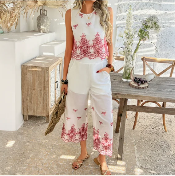 

Color blocking printed single shoulder top, cropped pants, two-piece set, new women's clothing for summer 2025