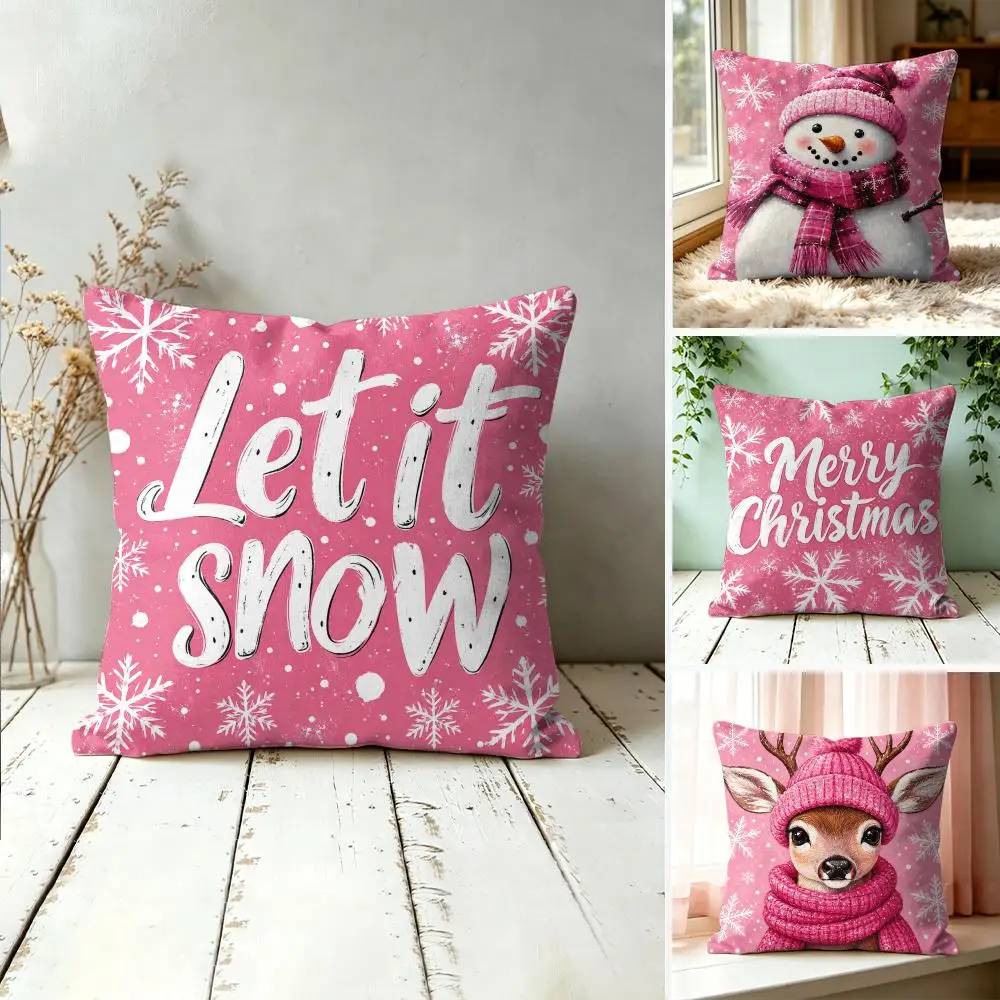 Pink Christmas Quote Cushion Cover Silky Short Plush Invisible Zipper Dustproof Sofa Pillow Case For Home Decor