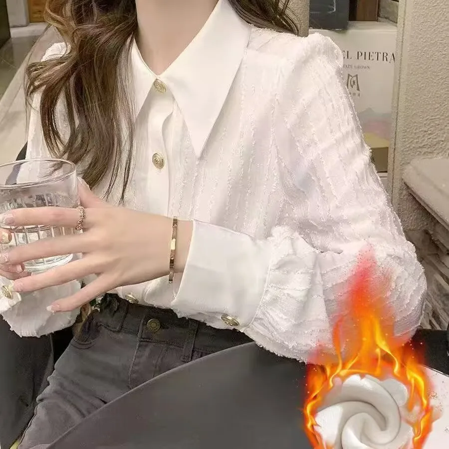 2026 Spring Autumn Women Longsleeve Shirt Office Lady Elegant White Base Shirt Blouse Winter Woman Warm Fleece Shirt