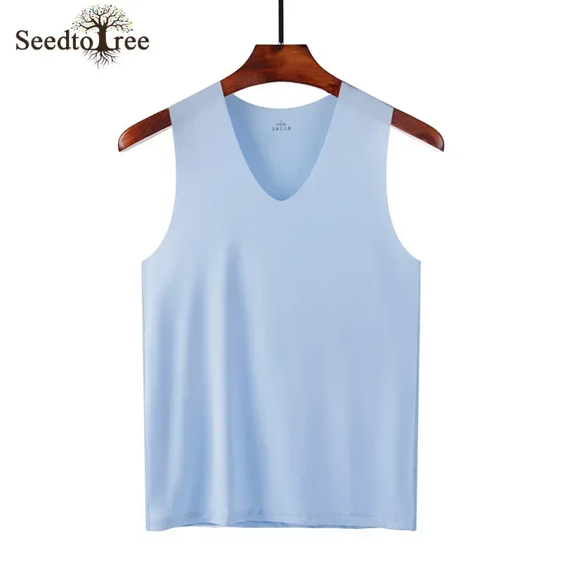 Summer Men's Tank Tops Solid Color Casual V-neck Sleeveless Seamless Ice Silk Vest