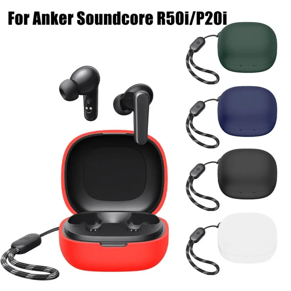 with Hanging Rope Silicone Case Dustproof Anti-fall Buds Cover Washable Soild Color for Anker Soundcore P20i/R50i