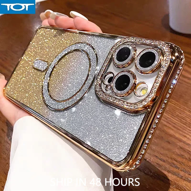 

For IPhone 16 Pro Max Gradient Glitter Diamonds Case For IPhone 15 Pro 16 Plus 14 13 12 11 Magsafe Charge With Lens Film Cover C