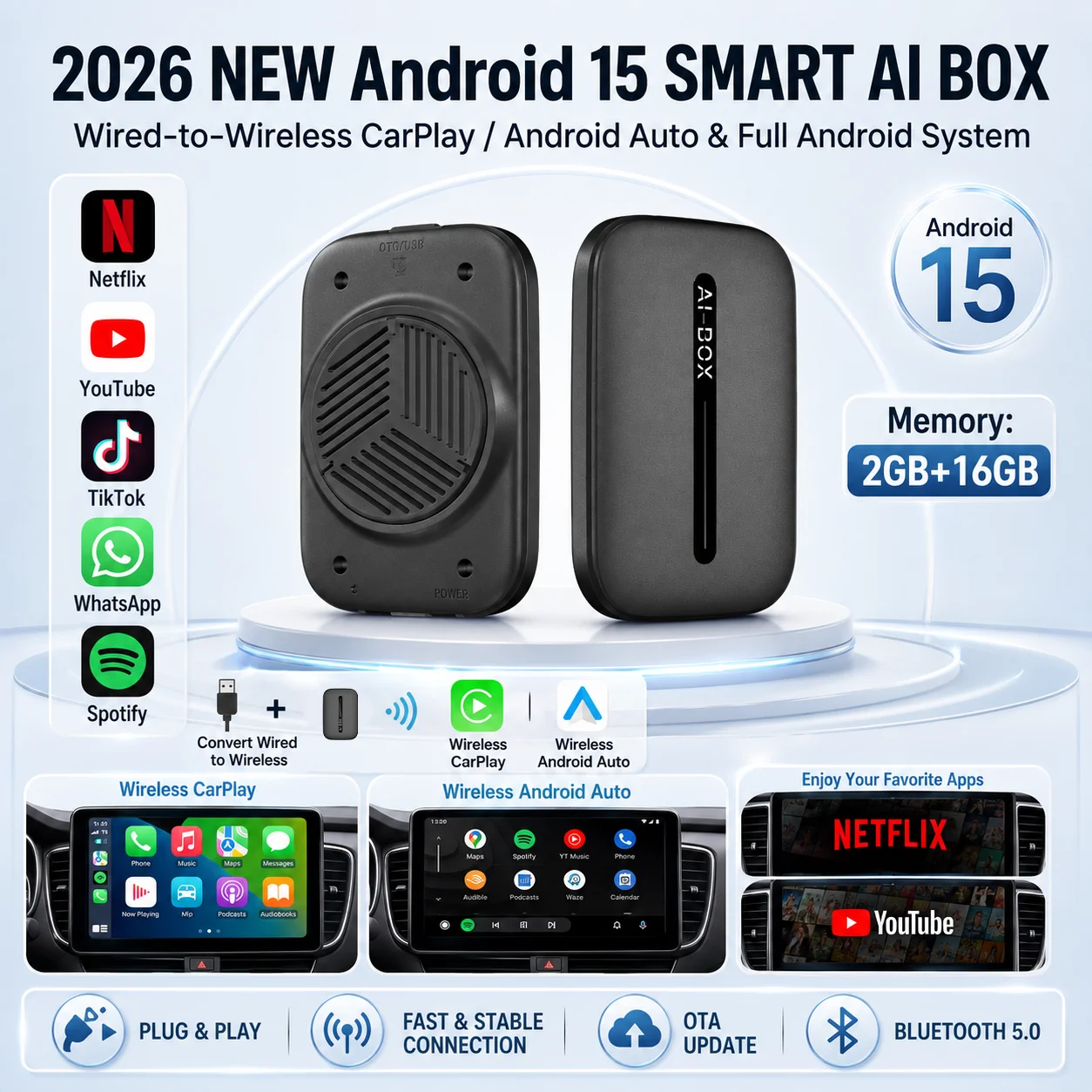 PLAYAIBOX Android 15 Wireless CarPlay Android Auto 4in1 CarPlay Ai Box Plug and Play Stable Transmission Support YouTube Netflix