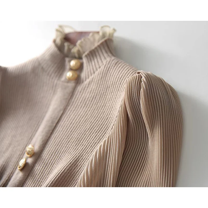 Autumn Elegant Chiffon Patchwork Turtleneck Sweater Women 2024 Winter New Korean Knitted Tops Long Sleeve Pullovers Femme V1147