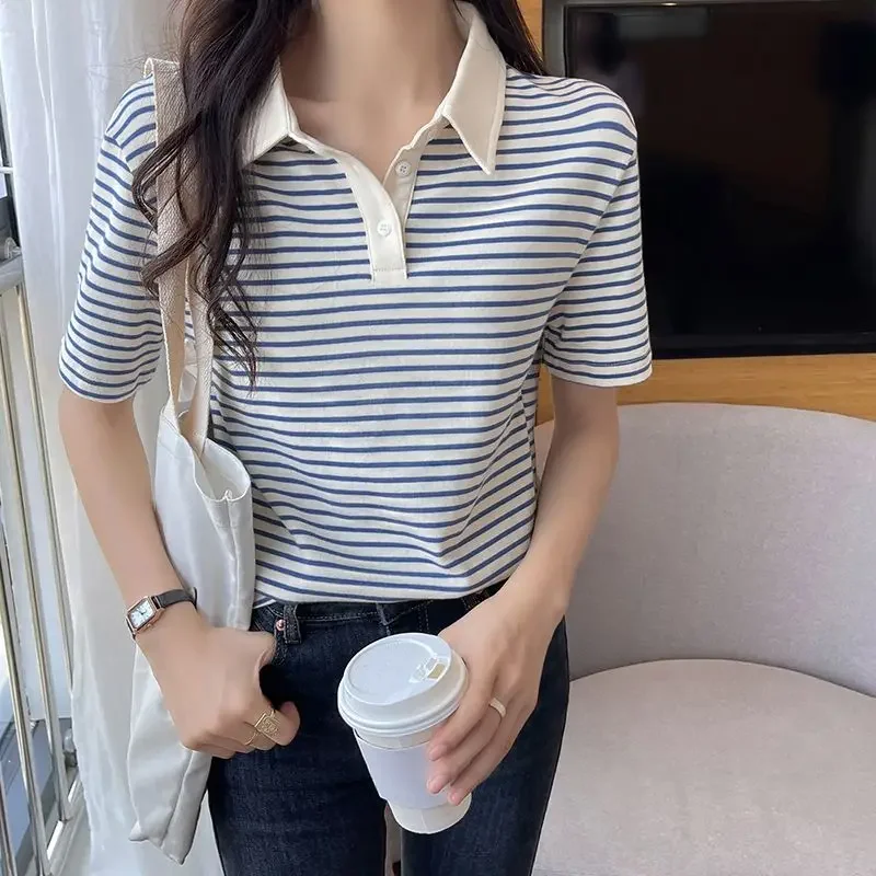 Polo Neck Shirt for Women 100℅ Cotton Striped Button Woman T Cute Kawaii Synthetic Aesthetic Clothing Trend 2024 Pretty Fashion