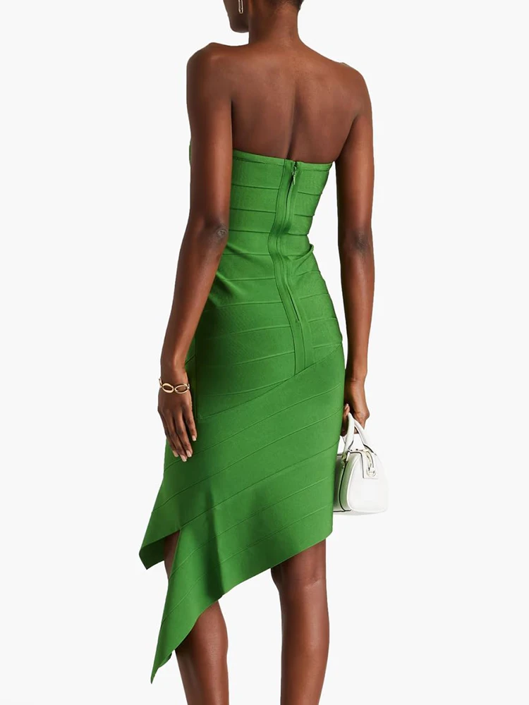 VC Sexy Strapless Irregular Draped Bandage Dress Women Green Sleeveless Backless Asymmetric Bodycon Celebrity  Evening Dress