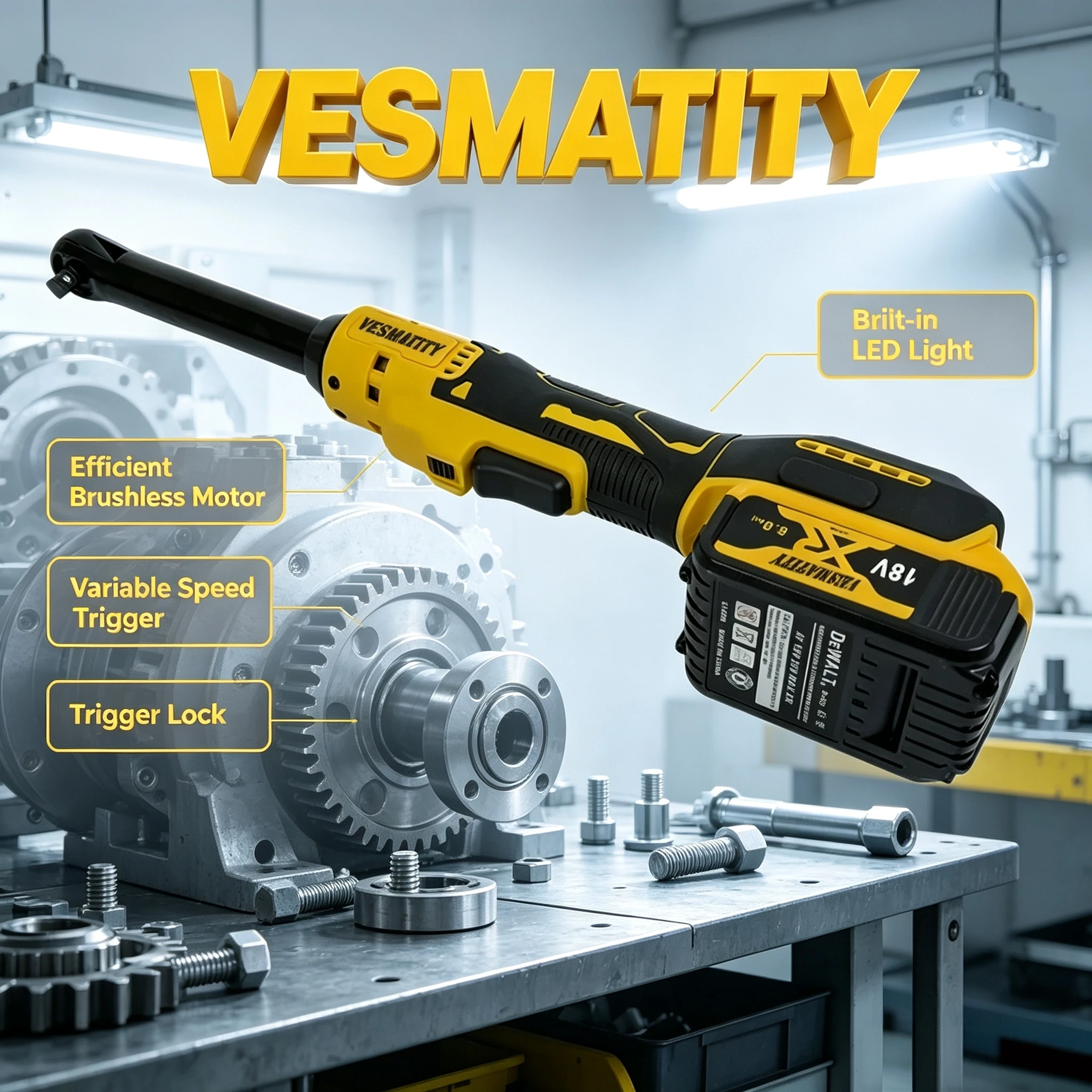 Vesmatity Atomic Compact Brushless Cordless Ratchet Wrench 1/2 Inch Variable Speed for Dewalt 18V Battery Pro Turbo Unit