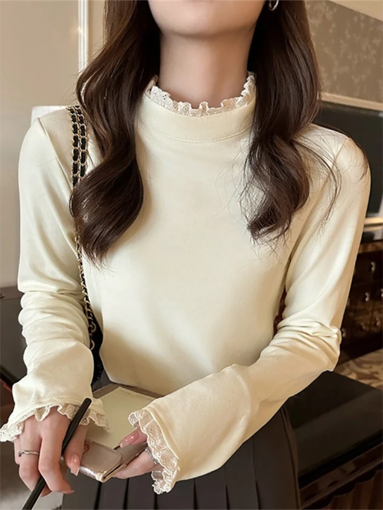 Haut chaud basique à col mi-haut pour femmes, T-shirt à manches longues, coupe cintrée, avec dentelle, Patchwork, automne hiver