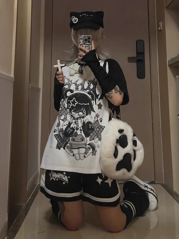 Japanese Cute Black White Patchwork Tshirt Aesthetic Panda Print Short-sleeve T-shirt Women Sweet Loose Raglan-sleeve Cotton Top