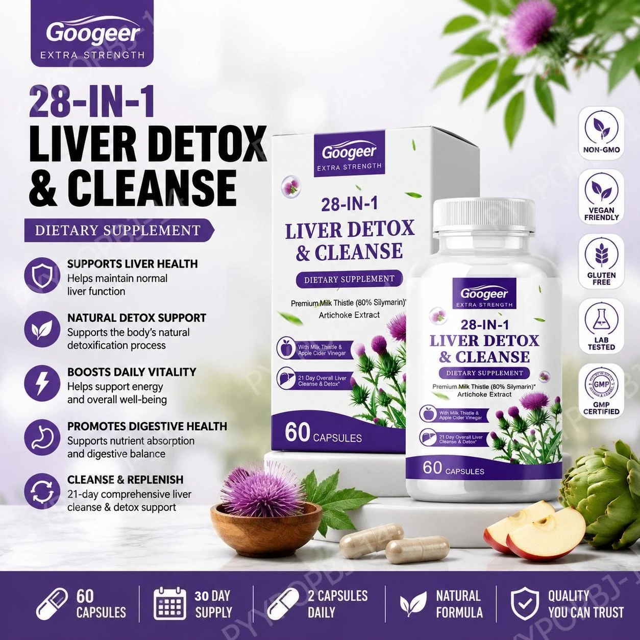Googeer Vitamin C Capsules Supports Body Functions and Helps Maintain Normal Functions, Convenient Daily Maintenance 60 Capsules