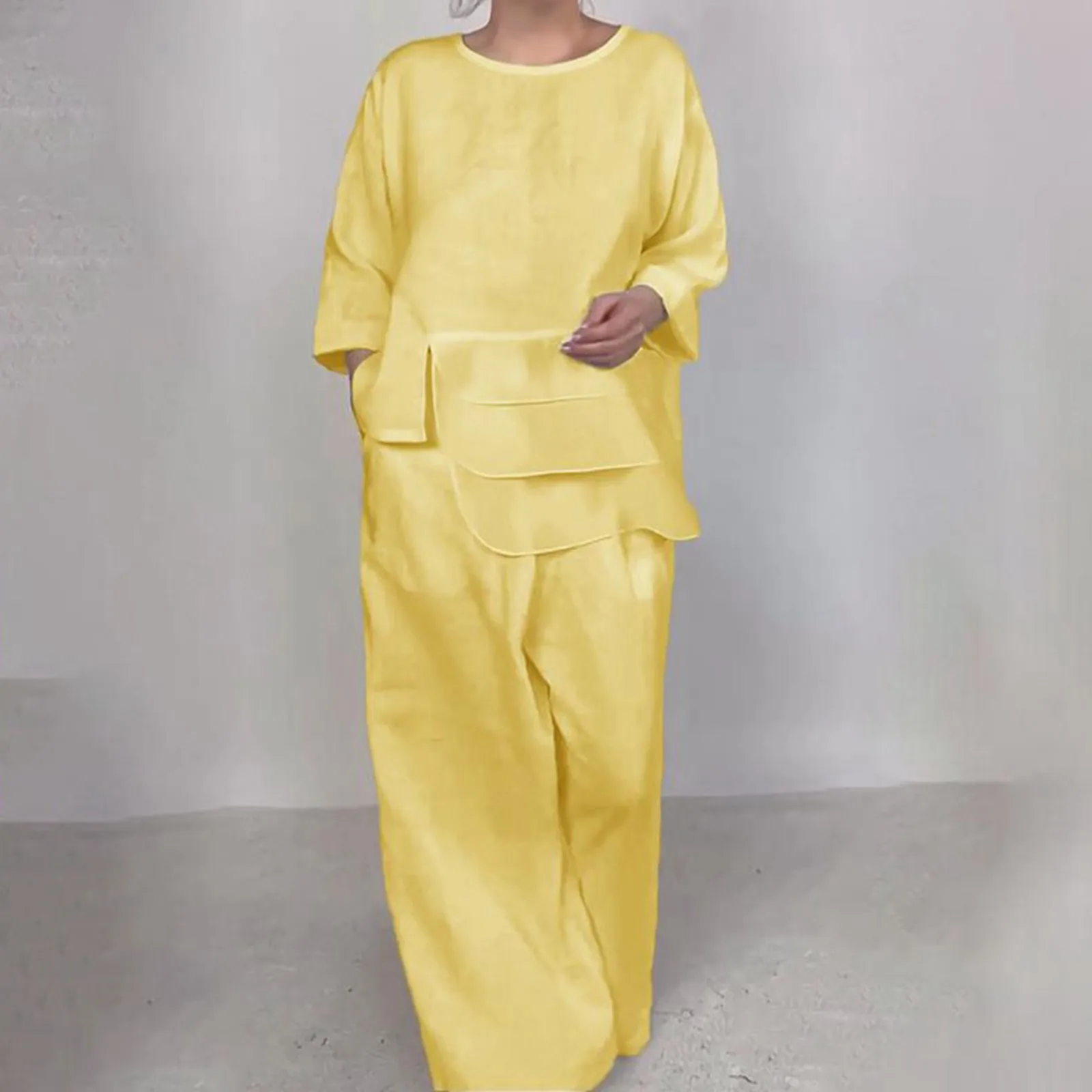 

Комплект из 2 предметов женский из хлопка и льна, Свободный Повседневный брючный комплект из двух предметов, штаны с высоким воротником и карманы, модная Однотонная рубашка с круглым вырезом