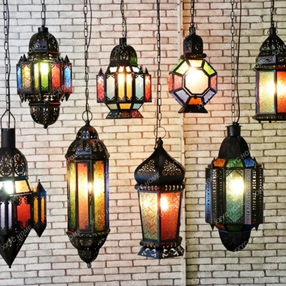 Ceiling Lamp, Moroccan Antique Xinjiang Ethnic Style Exotic Style Colored Glass Iron Hollow Tea House Lamp