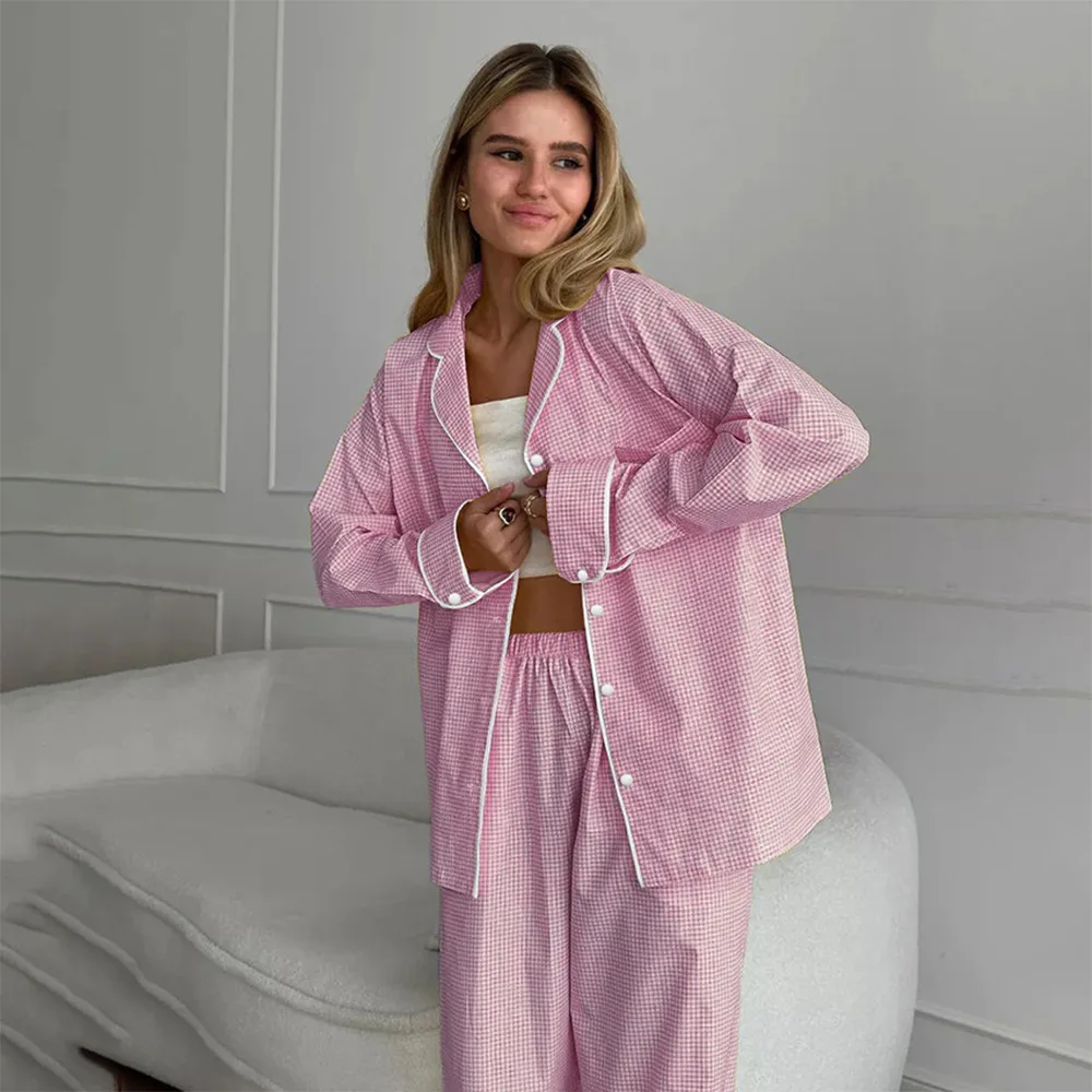 

2025 Autumn New Plaid Long-sleeved Shirt And Trousers 2-piece Set Cotton Casual Pajamas Set Home Clothes For Women Outfits