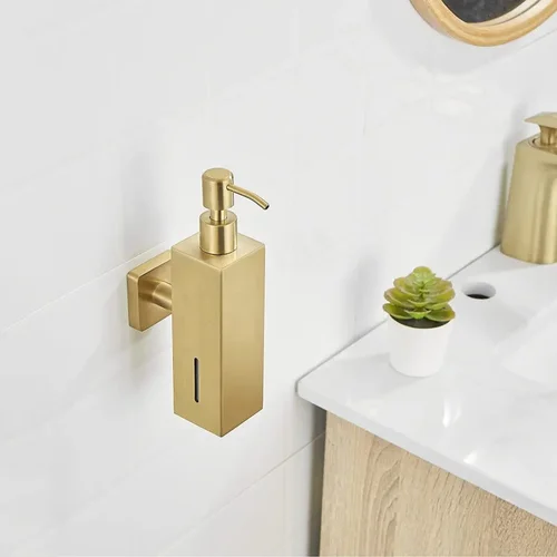 Imagen 2 del producto Dispensador de jabón montado en la pared, dispensador de jabón Manual de oro cepillado de acero inoxidable 304, dispensadores de jabones líquidos para baño de Hotel