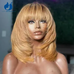 Amethyst 3/27 Blonde Straight Bob Wig with Bangs Human Hair for Women Full Machine Made Scalp Top Wig Brazilian Ombre Layer Cut