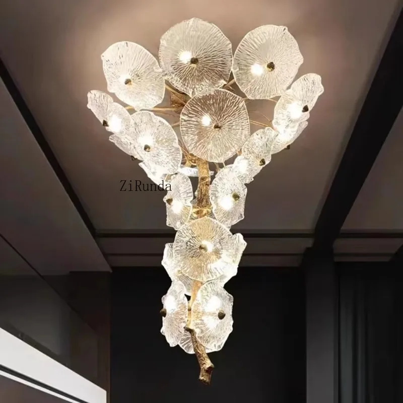 الديكور الحديث فيلا ردهة الفندق الفاخرة الزجاج الكريستال ضوء السقف الباعثة للضوء ديود لوتس ليف الحديثة عالية ثريا تركب بالسقف #3