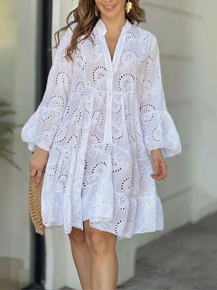 

Summer Ele Vintage Lace Dr V-ne Loose Hollow A-line Cotton Long Sve Women's Dr Fre Sweet Sle Single Piece