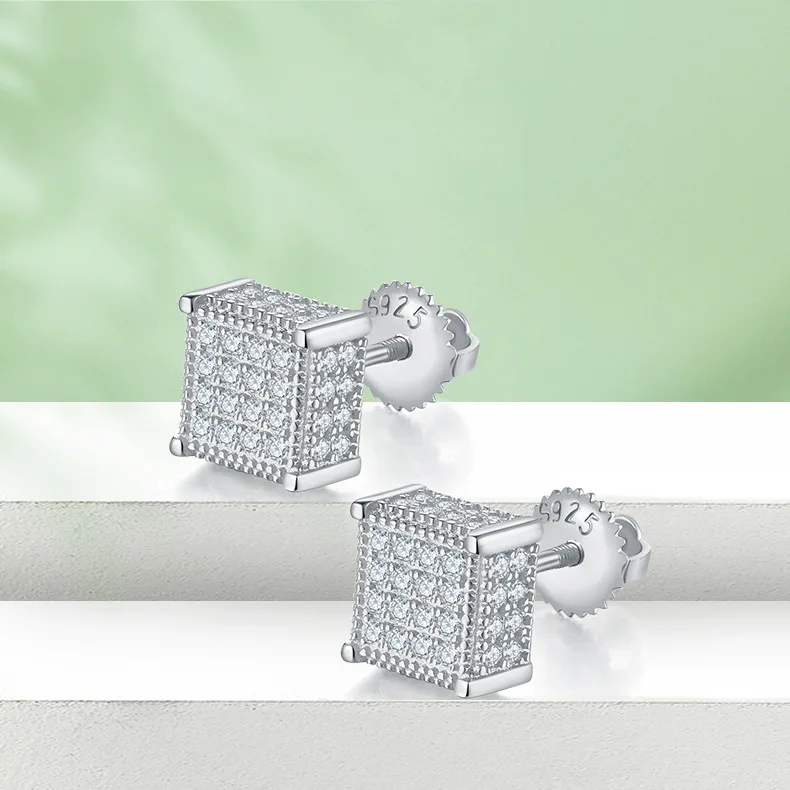 

Хип-хоп S925 Серебряные квадратные 3D-гвоздики с муассанитом, роскошные мужские серьги с бриллиантами, городские геометрические украшения для ушей