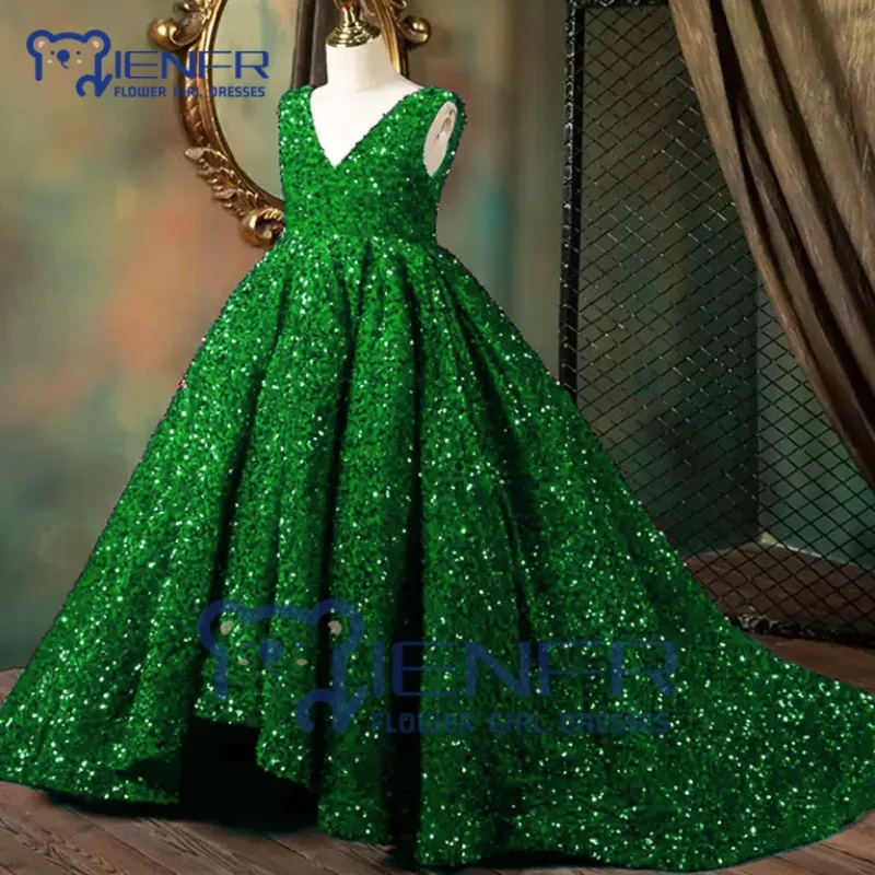 Customized Royal Blue Sequin Flower Girl Pageant Mermaid Dress Long Puffy Little Birthday Party First Communion Holiday Dress