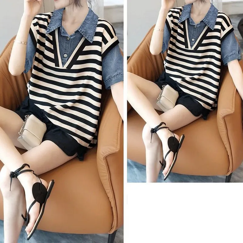 Fashion Female Denim Spliced Striped Fake Two Pieces Tops 2023 Summer Women\'s Clothing Polo-Neck Casual Short Sleeve T-shirt