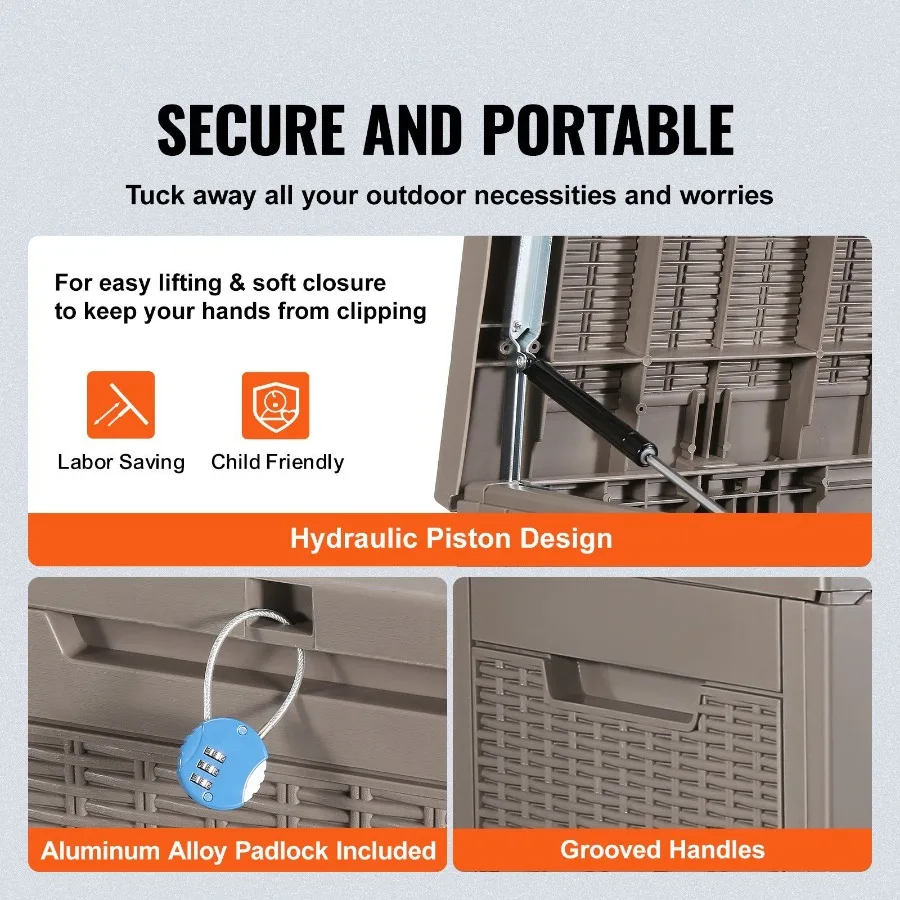 Deck Box 100 Gallon Outdoor Storage Box 48.0 x 21.5 x 24.5 Waterproof PP Deckbox with Aluminum Alloy Padlock for Patio Furnitu