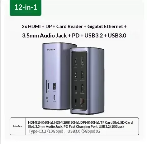 UGREEN CM555 Expansion Dock Laptop Docking Stations Four‑Screen Different‑Display, Hdmi+Dp 10Gbps High‑Speed Transmission