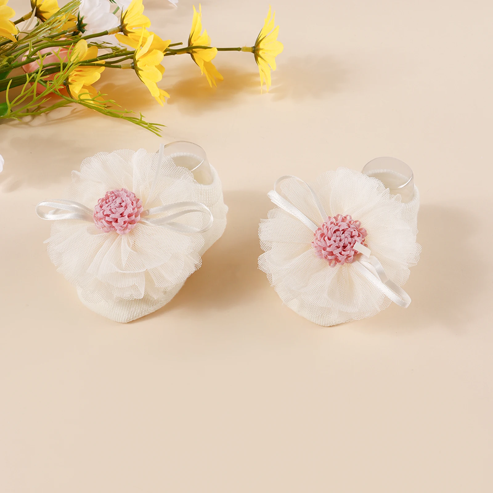 Baby Lace Flower Decor Beige Socks Headband Set Jacquard Hairband Anti Slip Socks Suit For Newborn Gift Infant Wear Accessories