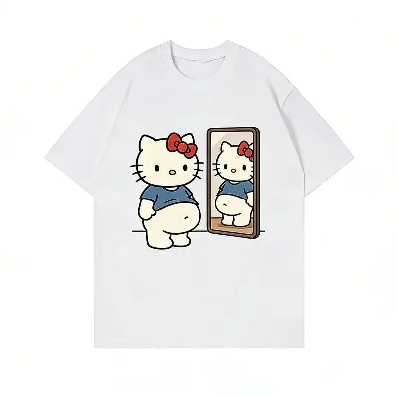 2026 New Kawaii Mirror Print Oversized T-shirt Women Y2K Streetwear Harajuku Casual Short Sleeve Daily Casual Tee