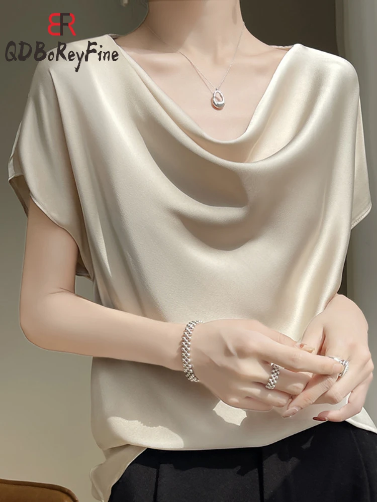 Elegant Women T-shirts Summer Satin Silk Short Sleeve Swinging Collar Basic White Blouse Office Ladies Casual Women Tops 2024