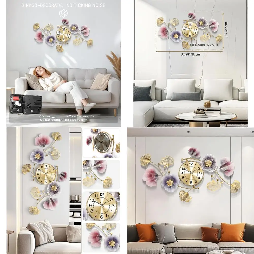 

33x18 3D Metal Ginkgo Leaf Wall Clock, Silent Movement, Living Room Decor