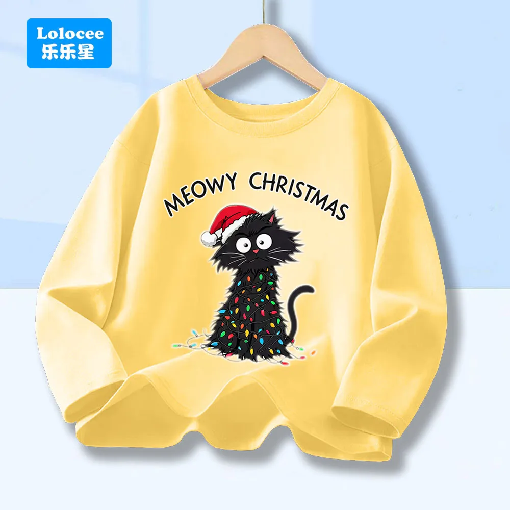 Meowy Christmas Cat Print Boy Girl Fashion Long Sleeve T Shirt Kids O Neck Clothing Funny Merry Christmas Party Tops Tee MSD1