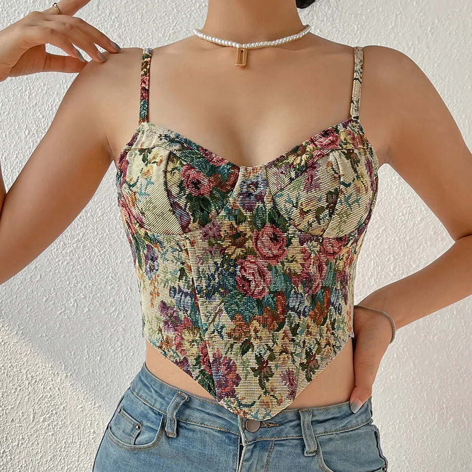 

Womens V-neck Print Spaghetti Strap Corset Crop Tops Sleeveless Tank Top Back Zipper French Slim Lingerie Sling Bustier Camisole