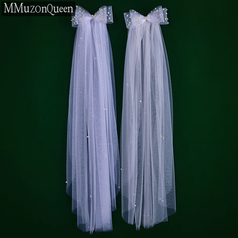 MMQ M39 1 Tier Bow Bridal Veil Beaded Wedding Veil Pearls Tull Yarn White One Layer elegant wedding headdress