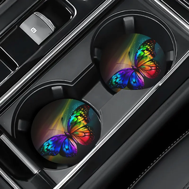 2pcs/set Vibrant Colorful Butterfly Car Coasters, 2.75