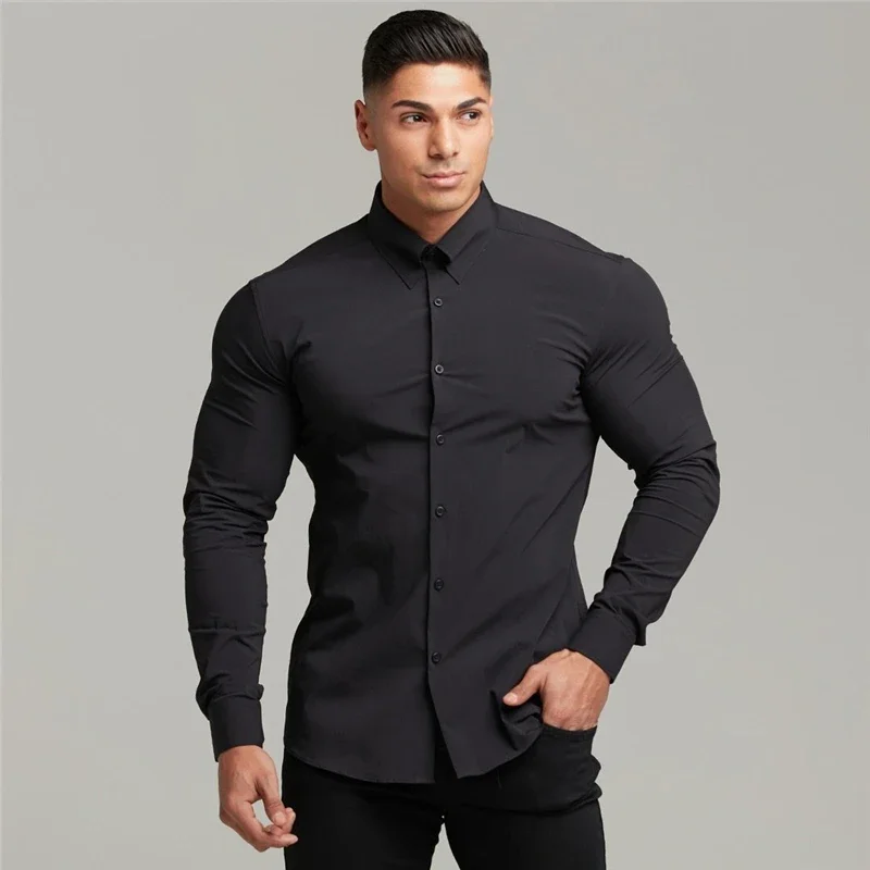 

New Brand Workout Mens Fitness Sports Long-sleeved Shirt Casual Fashion Breathable Clothing Turn-down Collar Long Sleeve